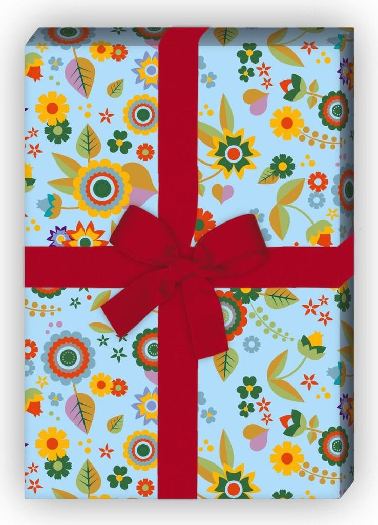 Buntes Flower Power Geschenkpapier im Retro Design, hellblau - G8237, 32 x 48cm