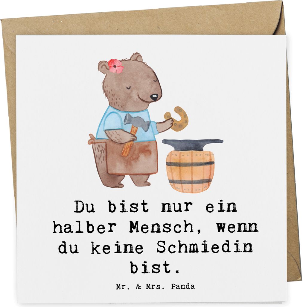 Mr. & Mrs. Panda Glückwunschkarte Schmiedin Herz - Weiß - Geschenk, Grußkarte, faltkarte, doppelkarte, Klappkarte, anlasskarte