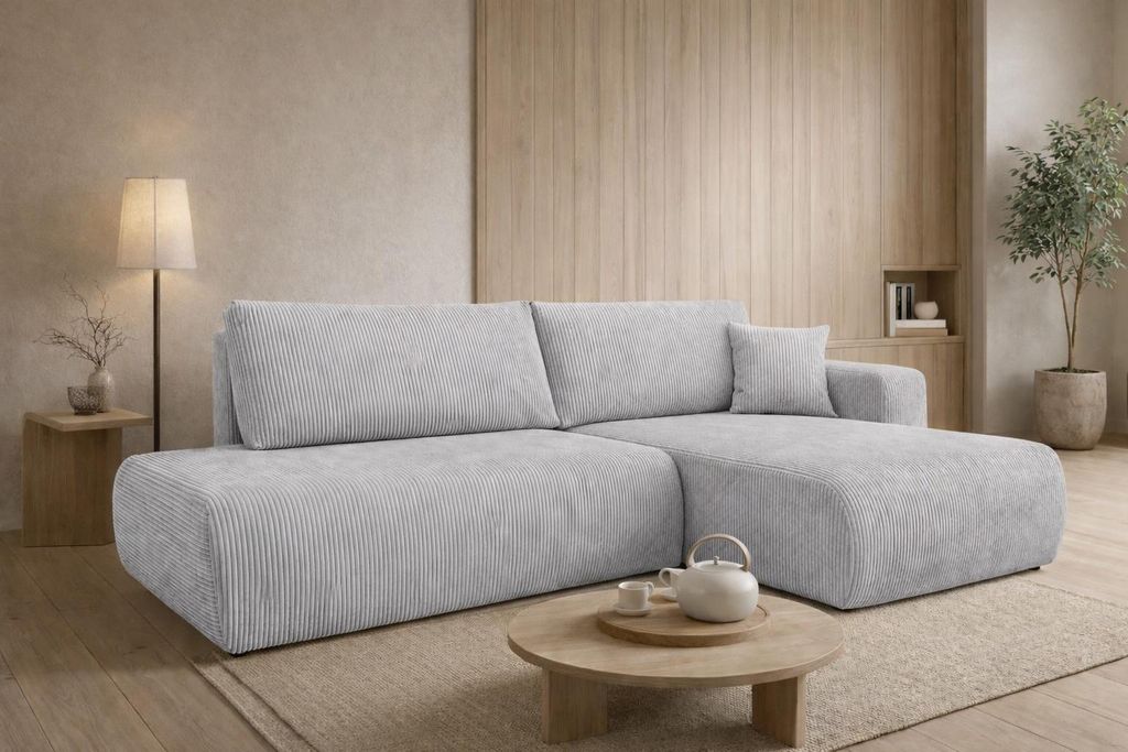 Kaiser Möbel Ecksofa mit Schlaffunktion und Bettkasten, Cordstoff Poso, Hellgrau, Rechts, OPEN XL