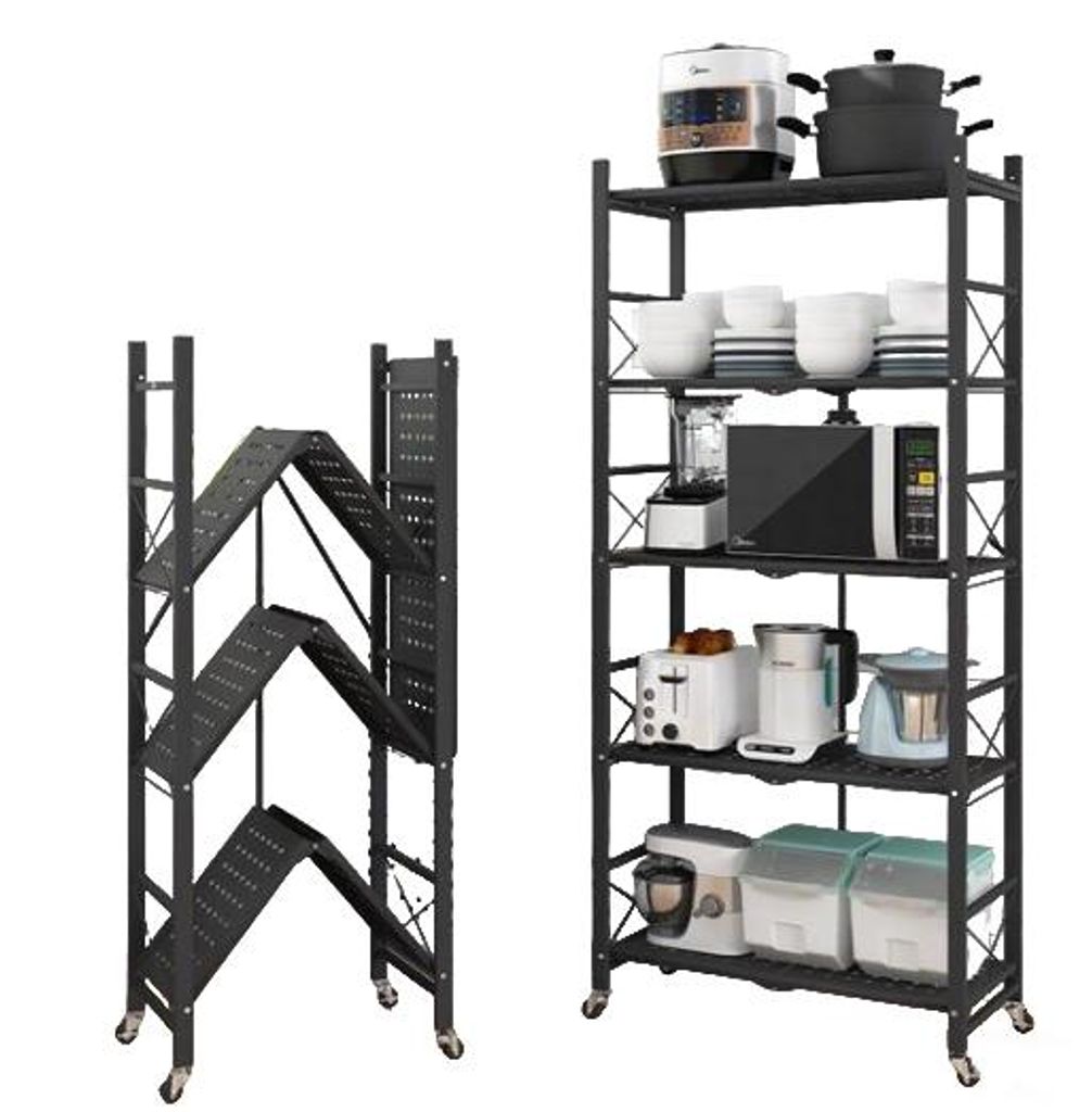 A product image showing two black metal shelving units. One is folded and the other is assembled and filled with kitchen appliances.