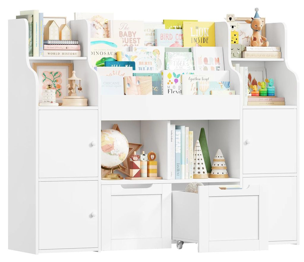 Kinder Bücherregal Und Spielzeugregal - 3-Stöckiger Holzschrank - 6 Offene Fächer - 2 Schubladen Mit Rollen - 8 Herausnehmbare Boxen - 122x30x10...
