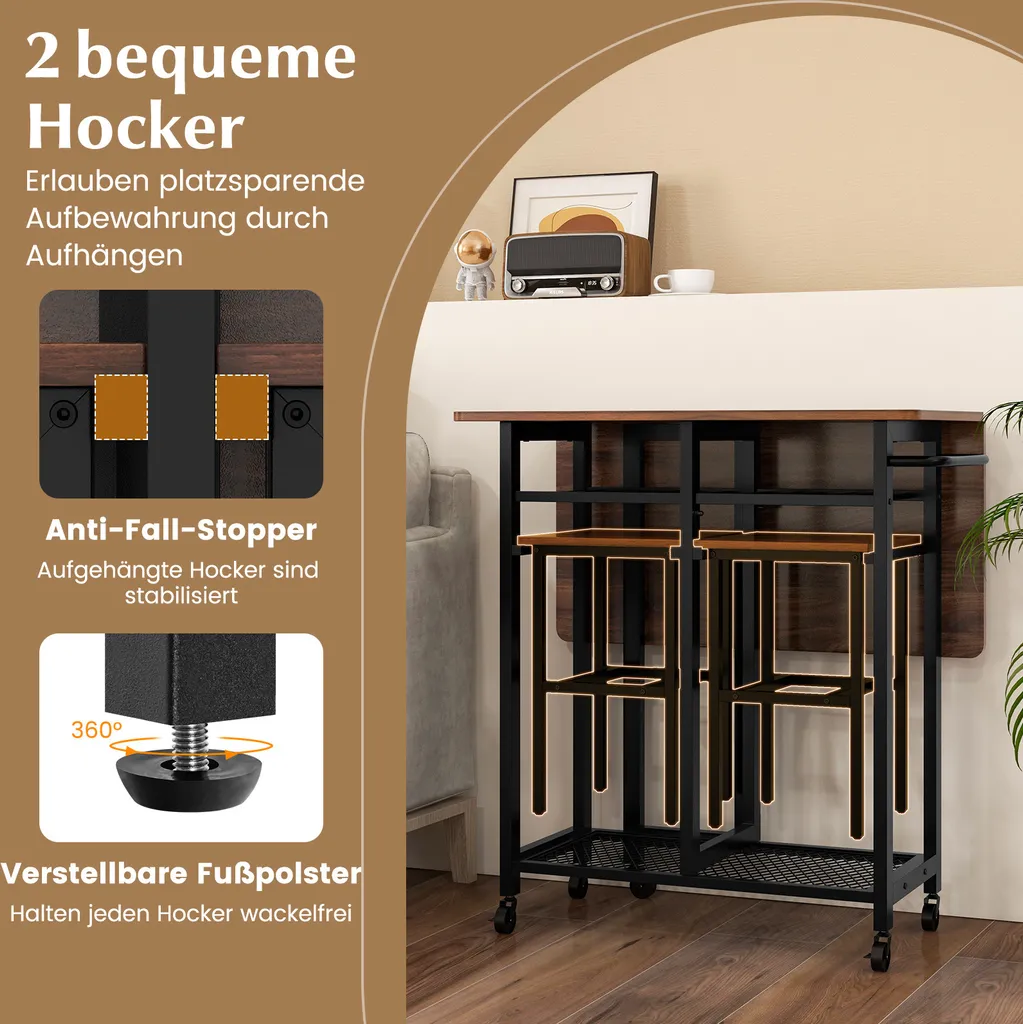 Table de Cuisine Pliable avec 2 Tabourets et Casier à Vin Intégré Noir