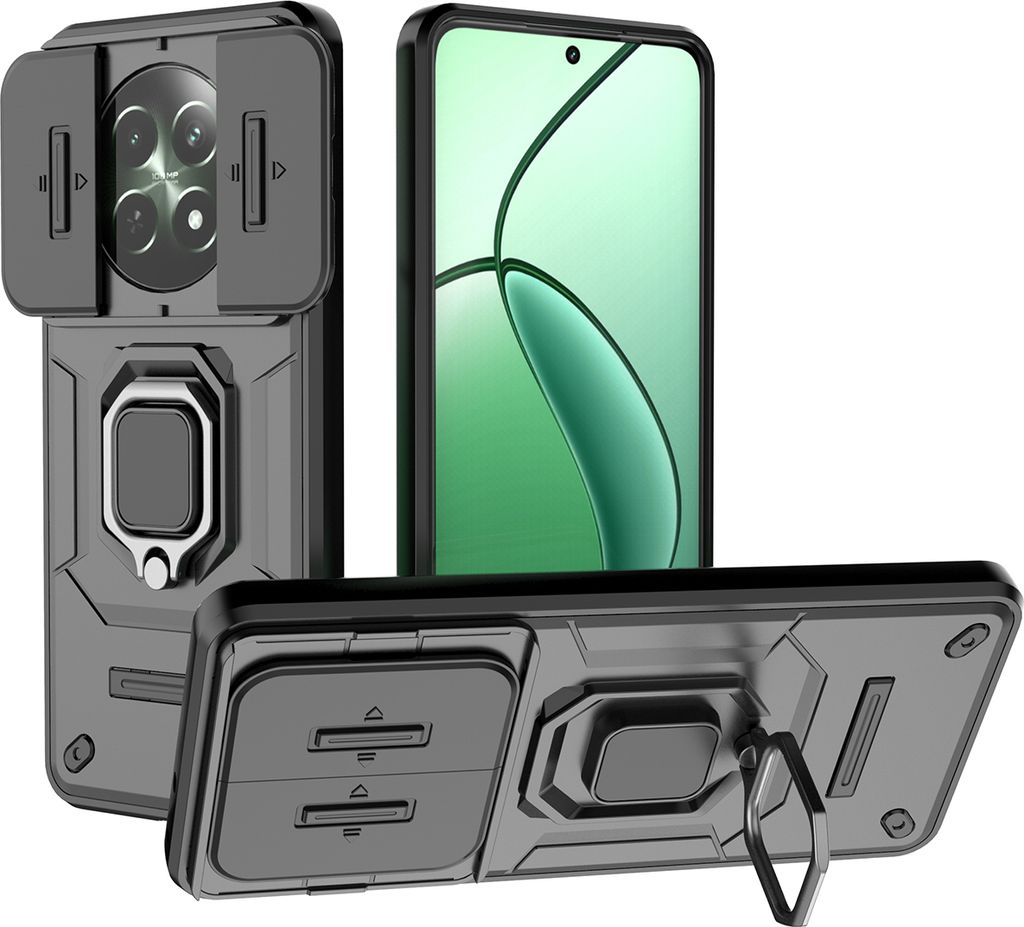 Hülle für Realme 12 Dual Layer Handyhülle Schiebe Kamera Schutz und Ringhalter Ständer Schwarz