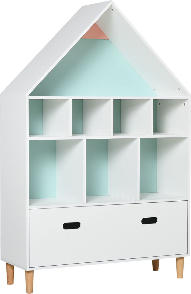 HOMCOM Kinder-Holzregal, Hausform, Kinder-Bücherregal mit 8 offenen Fächern und 2-farbiger Schublade, 82 x 30 x 126 cm, Weiß