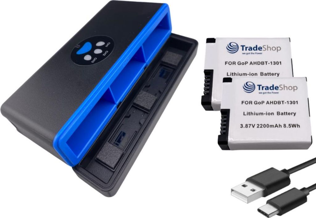 Trade-Shop 3in1 Set: 2x Akku (eckige Form) 2200mAh + USB-C LCD Triple Ladegerät / Ladebox für GoPro HERO13 Black, AHDBT-1301, AHDBT-1301PR, CPSS1B
