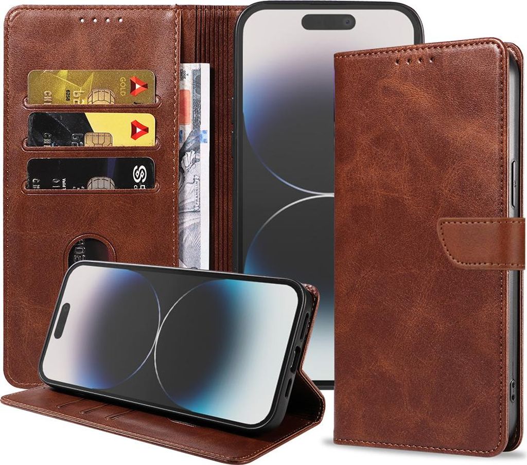 Passend für iPhone 14 Pro Max Handytasche aus Kunstleder mit magnetischer Lippe und Kartenhalter Buchhülle mit Klappe - Dunkelbraun - Smartphonics