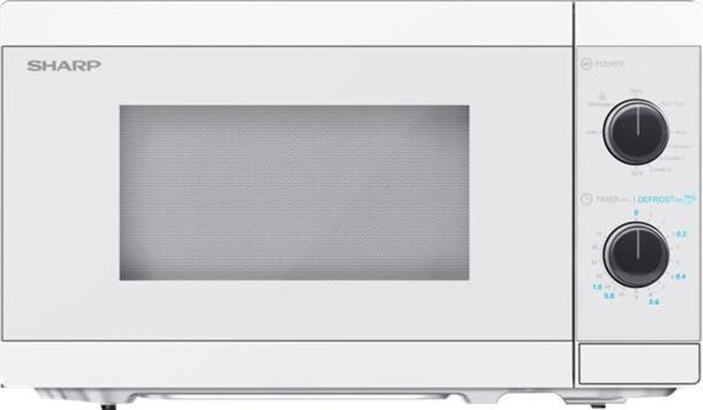 A white Sharp microwave oven is shown from the front against a white background.