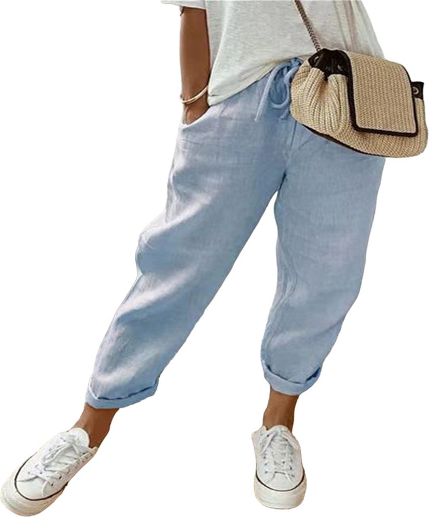 ASKSA Damen Leinenhose Casual Leicht Sommerhose Bequeme Hose Freizeithose Strandhose mit Taschen, Himmelblau, Groesse: S