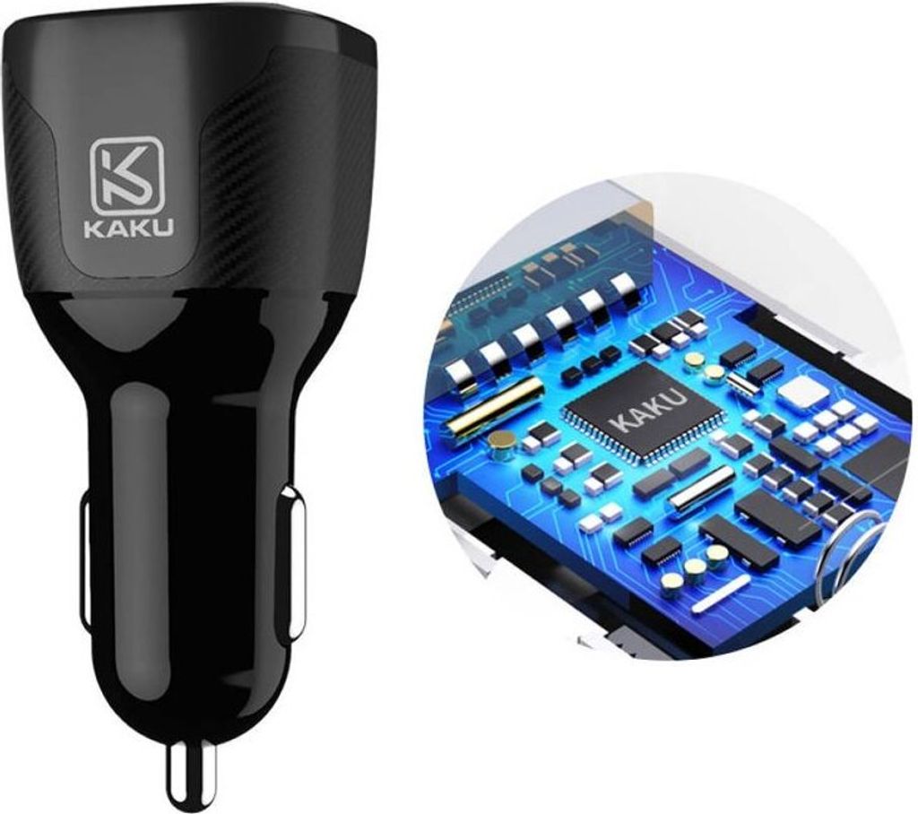 Kaku Auto-Ladegerät 2.4A 2 x USB Dual Port + 3in1 Ladekabel (Typ-C,Lightning,Micro-USB) Kabel schwarz