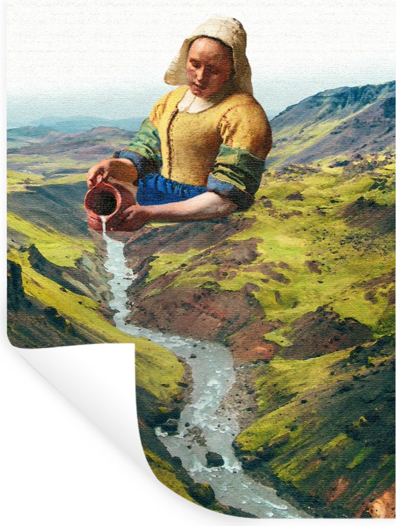 MuchoWow Wandtattoo Wandsticker Wandaufkleber Milchmädchen - Vermeer - Berge 60x80 cm Selbstklebend und Repositionierbar - Repositionierbar - Wa...