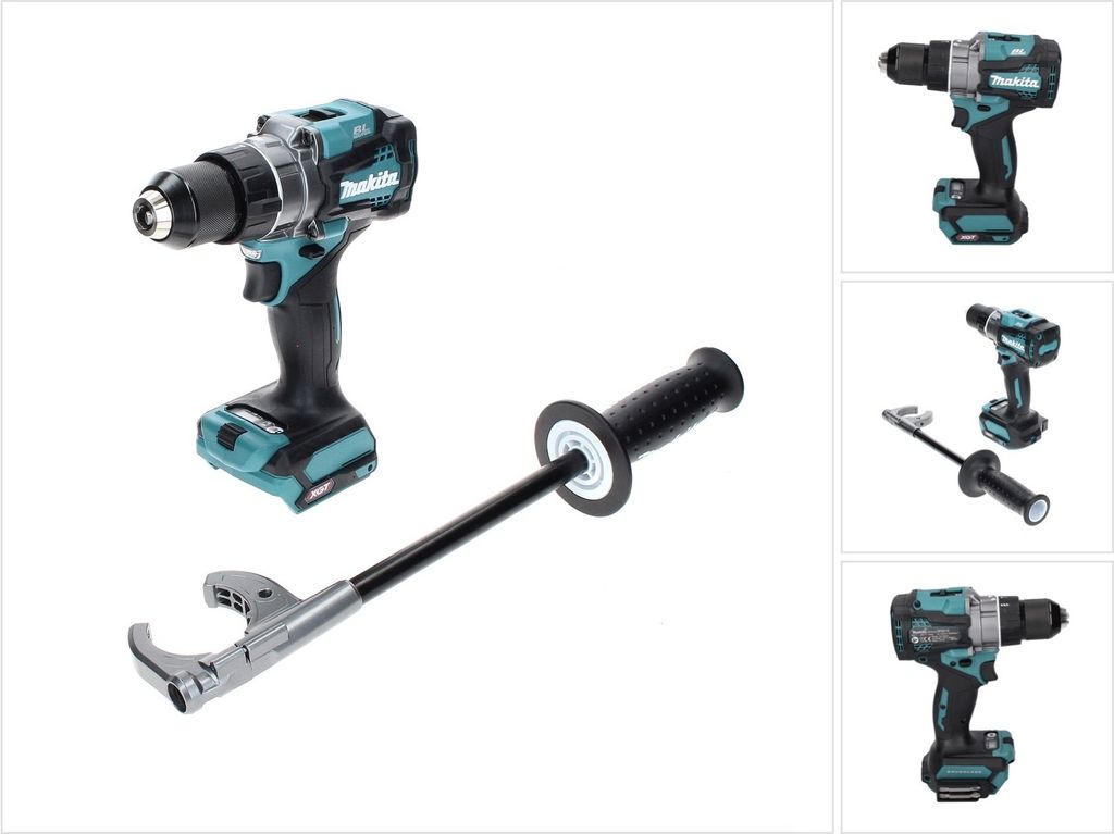 Collage of a cordless drill and its accessories on a white background.
