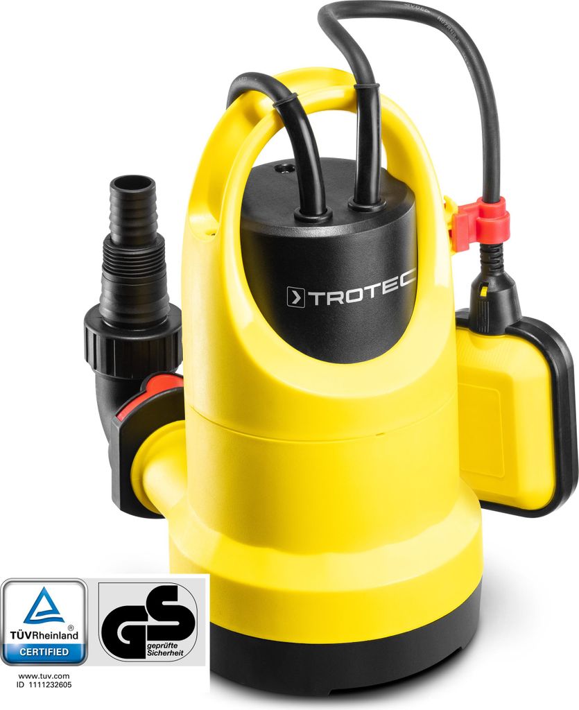 A yellow and black submersible pump with a float switch and hose adapter, shown against a white background. Certification logos are visible in the lower left corner.