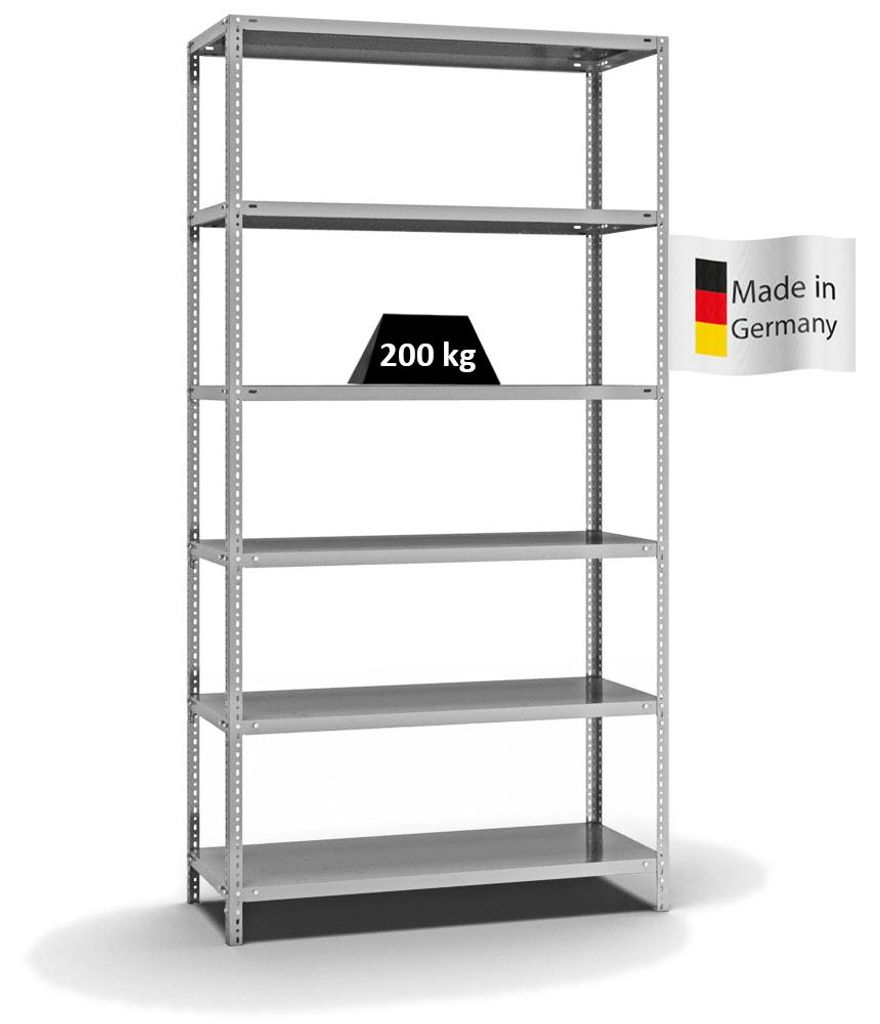 PROREGAL Fachbodenregal Schraubsystem MAGNUS Germany | HxBxT 250x130x50cm | 6 Ebenen | Fachlast 200 kg | Beidseitig nutzbar | Verzinkt