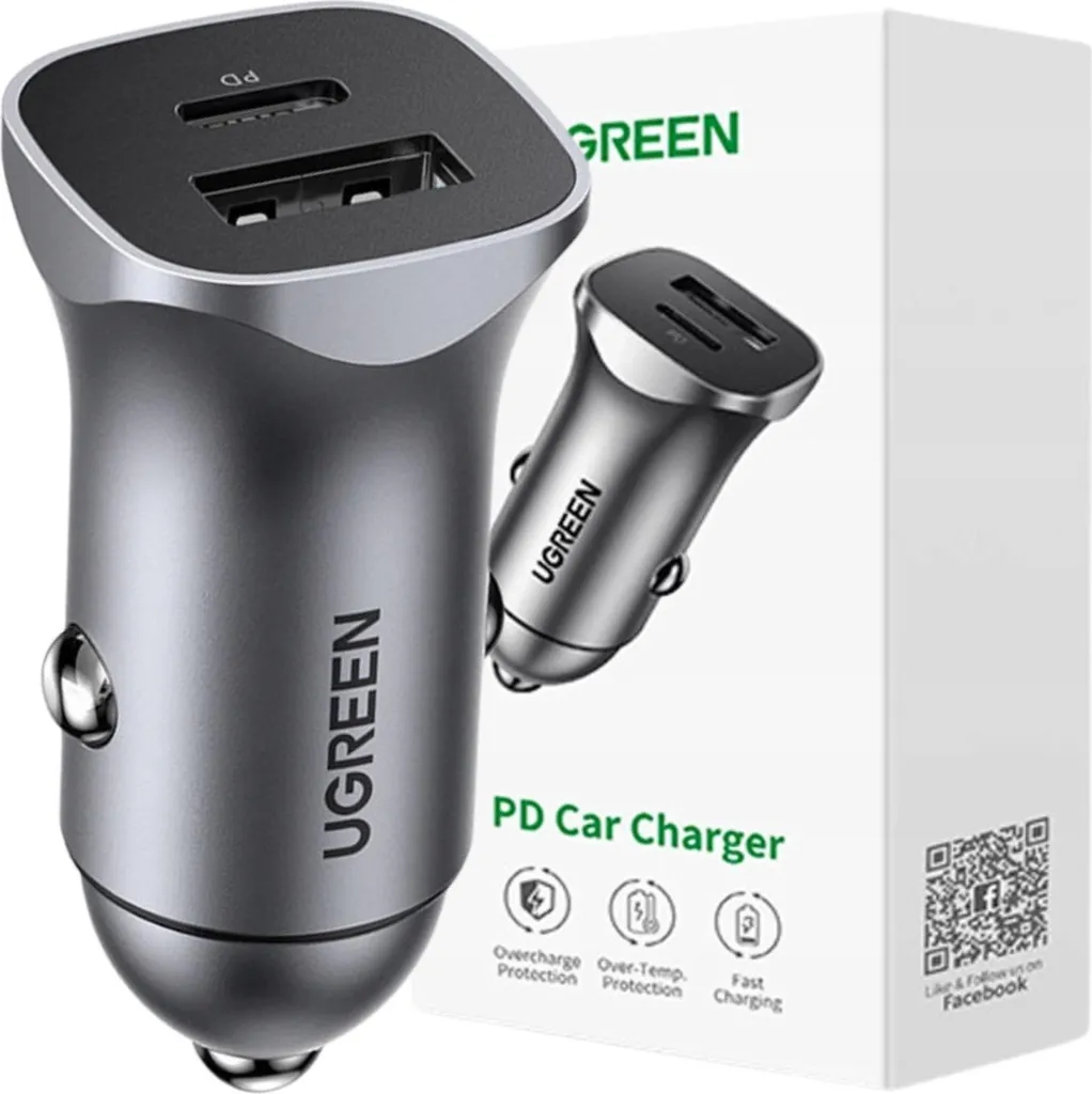 Ugreen 30780 Caricabatterie Auto 24W USB-C PD e USB-A QC 3.0 Grigio - 6