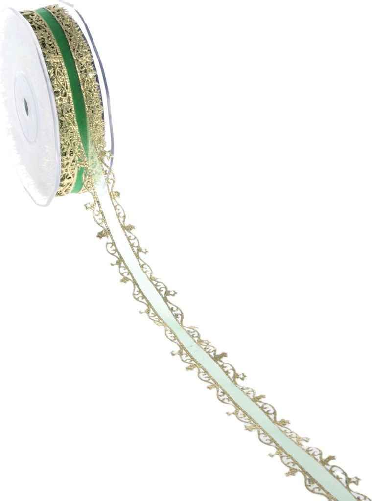 Organzaband mit Sternchenkante - 23mm - 20m - Grün-Gold - A18139-60
