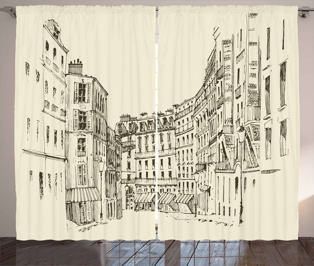 ABAKUHAUS Paris Rustikaler Gardine, Gebäude von Frankreich Europa, Schlafzimmer Kräuselband Vorhang mit Schlaufen und Haken, 280 x 225 cm, Schwar...