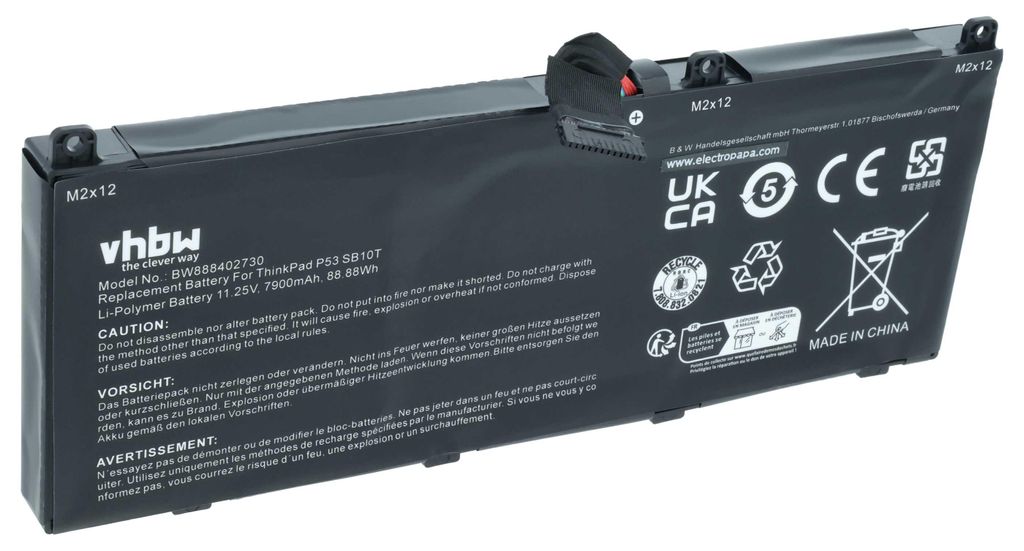 vhbw Akku kompatibel mit Lenovo ThinkPad P53 20qn0012pb, 20qn0007xs, 20qn000fmc, 20QN0017US, 20qn0007mx Notebook (7900 mAh, 11,25 V, Li-Polymer)