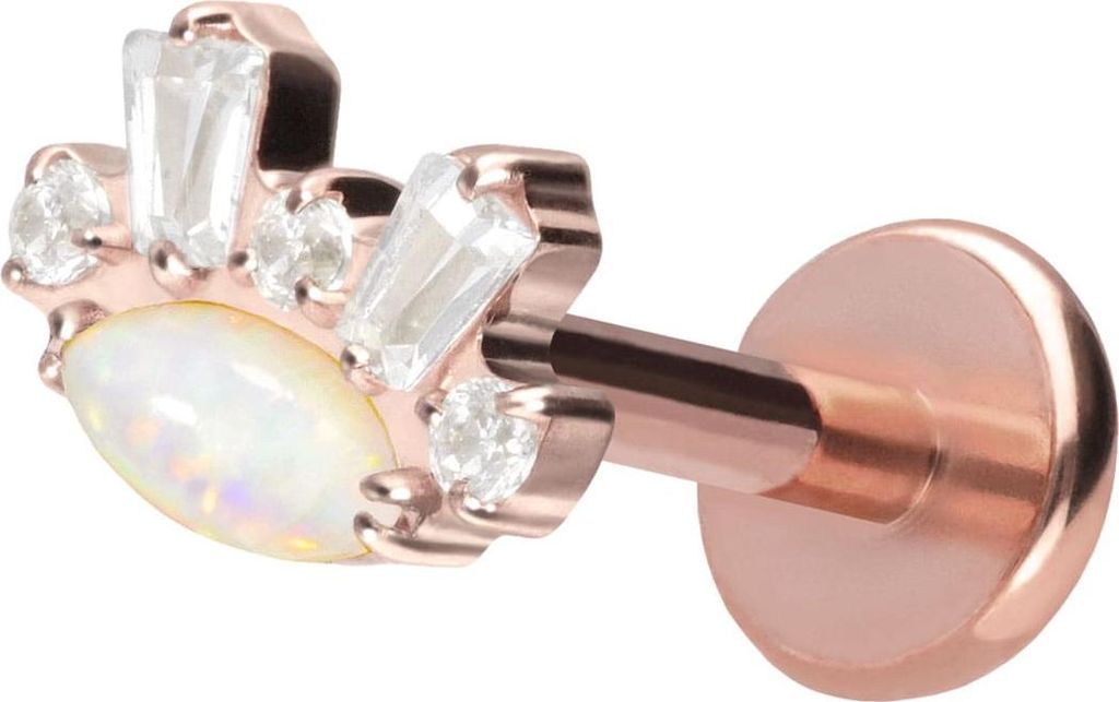 Ohrpiercing, Nasenpiercing Titan Labret mit Push Fit SYNTHETISCHER OPAL + KRISTALLE RoséGold Stablänge: 10mm | Stabstärke: 1mm