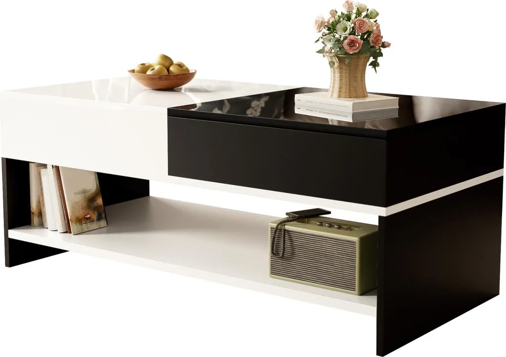 Table de Salon Design avec Rangement et Plateau Brillant 100x50 cm