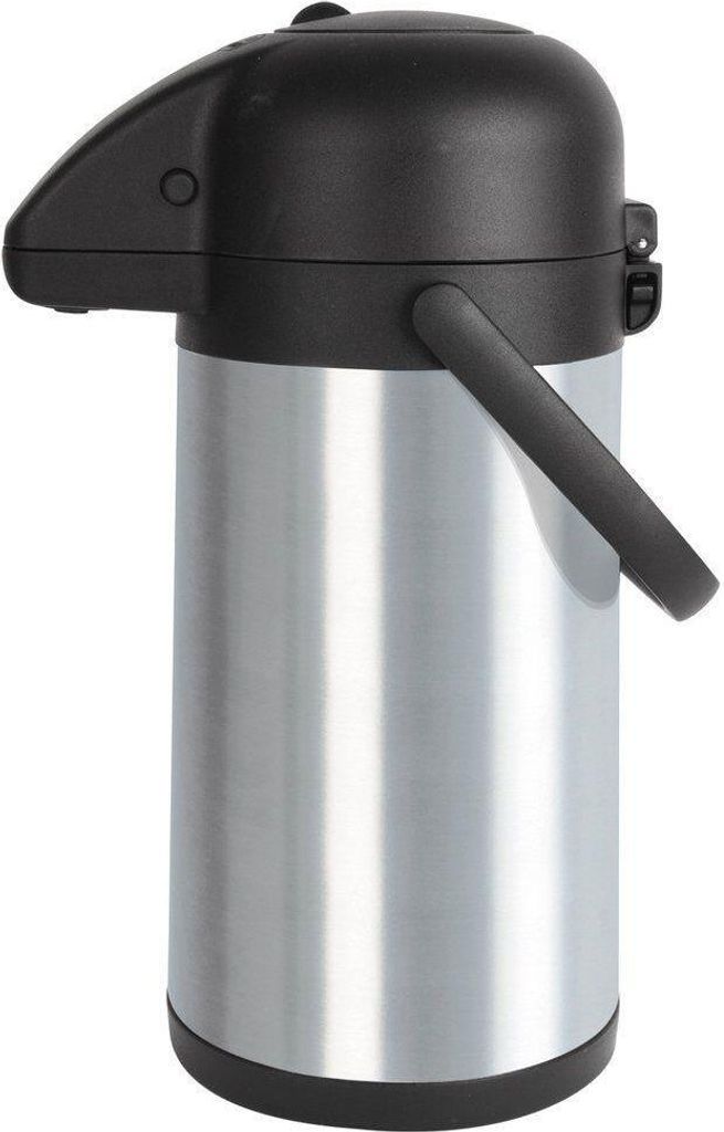 A product shot of a silver and black thermos.