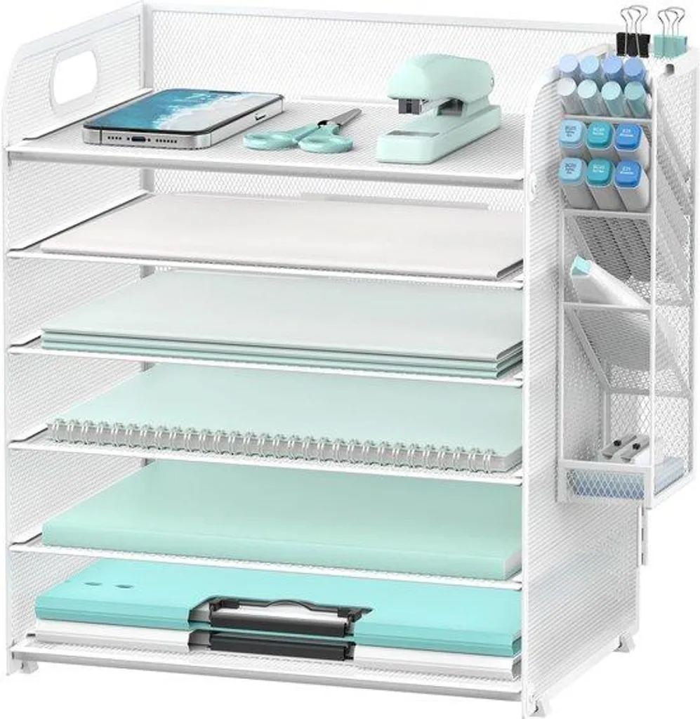 Organiseur de documents blanc 6 niveaux avec porte-stylos et trieur A4