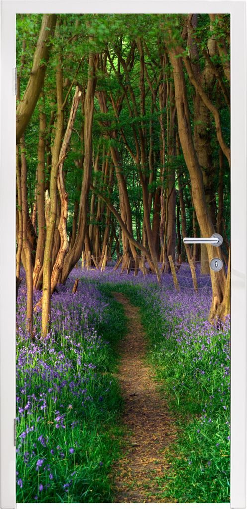 MuchoWow Türtapete Selbstklebende Türfolie Wald - Weg - Blumen 85x205 cm Türposter Türaufkleber Klebefolie Türklebefolie - Türverzierung - ...