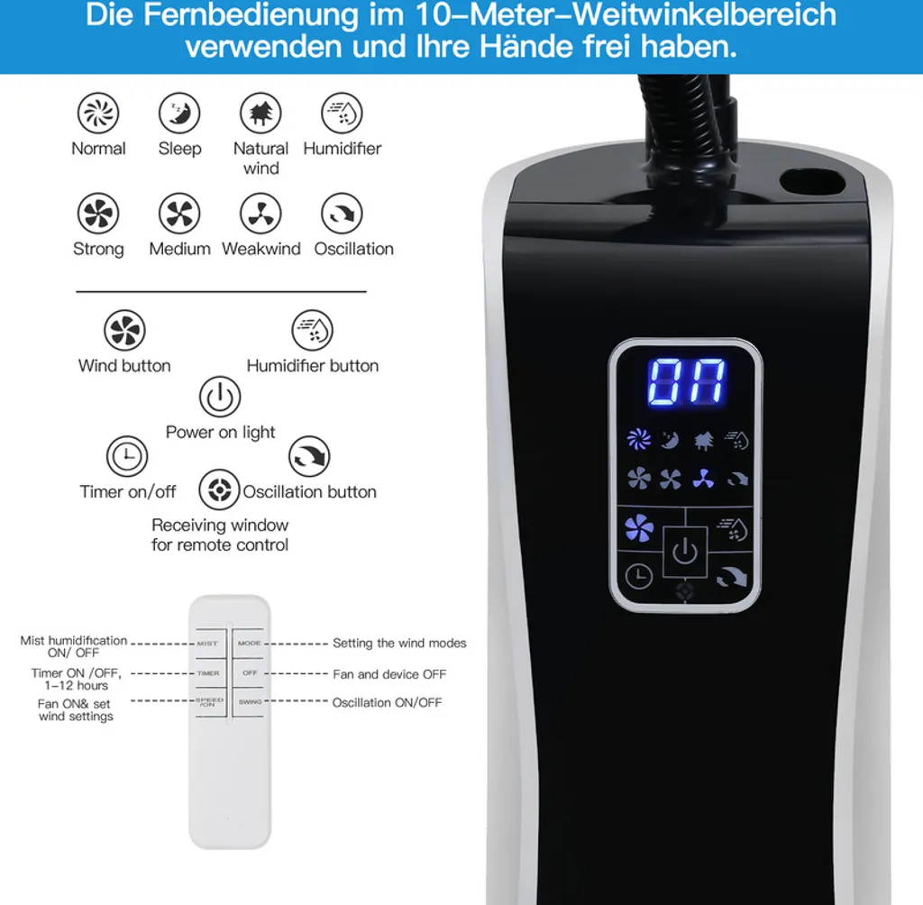 Ventilateur anti-canicule avec brumisateur et télécommande LCD - 3