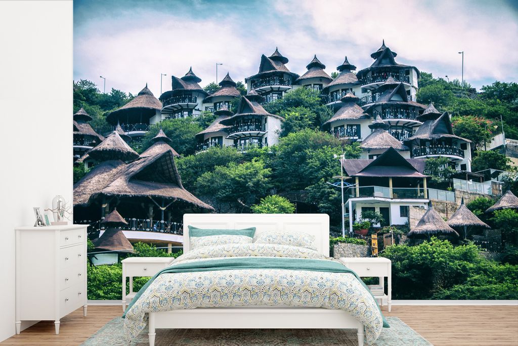 MuchoWow Fototapete für Wohnzimmer oder Schlafzimmer Wandtapete Vinyl Motivtapete Panoramablick auf die beeindruckenden Häuser in Santa Marta -...