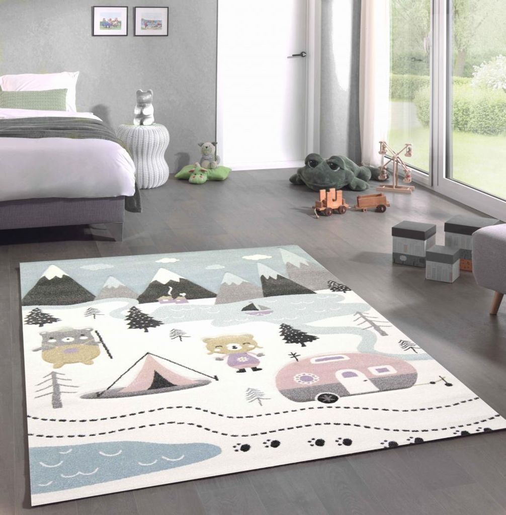 Spielteppich Kinderzimmer Teppich Camping Zelt Bären Berge Wohnwagen Tannen Fluss creme pink grau Größe - 120x170 cm