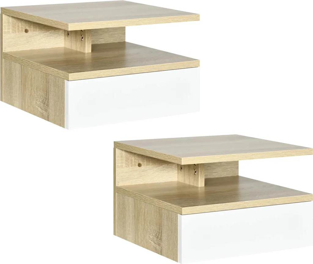 Lot de 2 tables de nuit murales en bois massif style scandinave 2 tiroirs