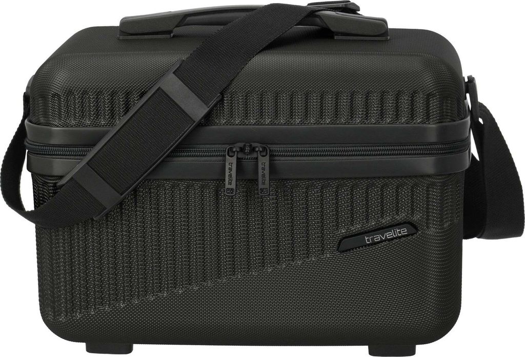 A black travelite beauty case is shown against a white background.