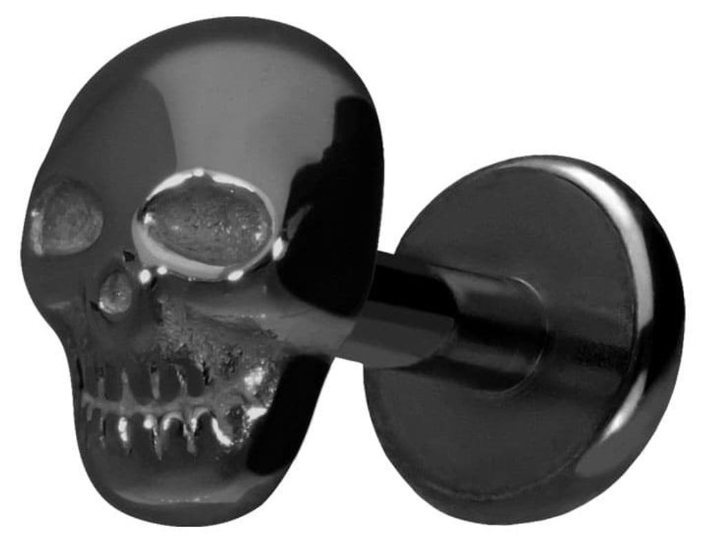 Ohrpiercing, Nasenpiercing Titan Labret mit Push Fit TOTENKOPF Schwarz Stablänge: 5mm | Stabstärke: 1,2mm