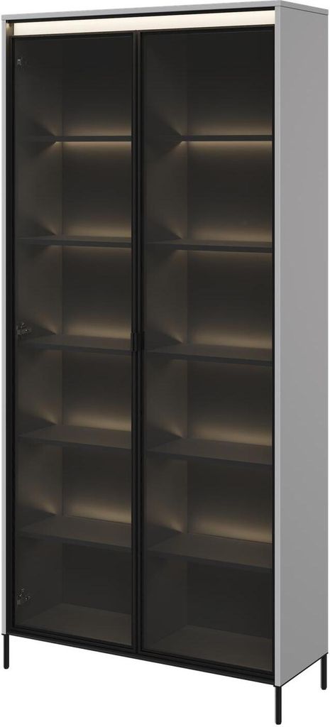 Vitrine TREND TR-07 Vitrinenschrank mit LED-Beleuchtung Standvitrine 92 x 196 cm Regalschrank 2 Türen Schrank Modern (Grau)