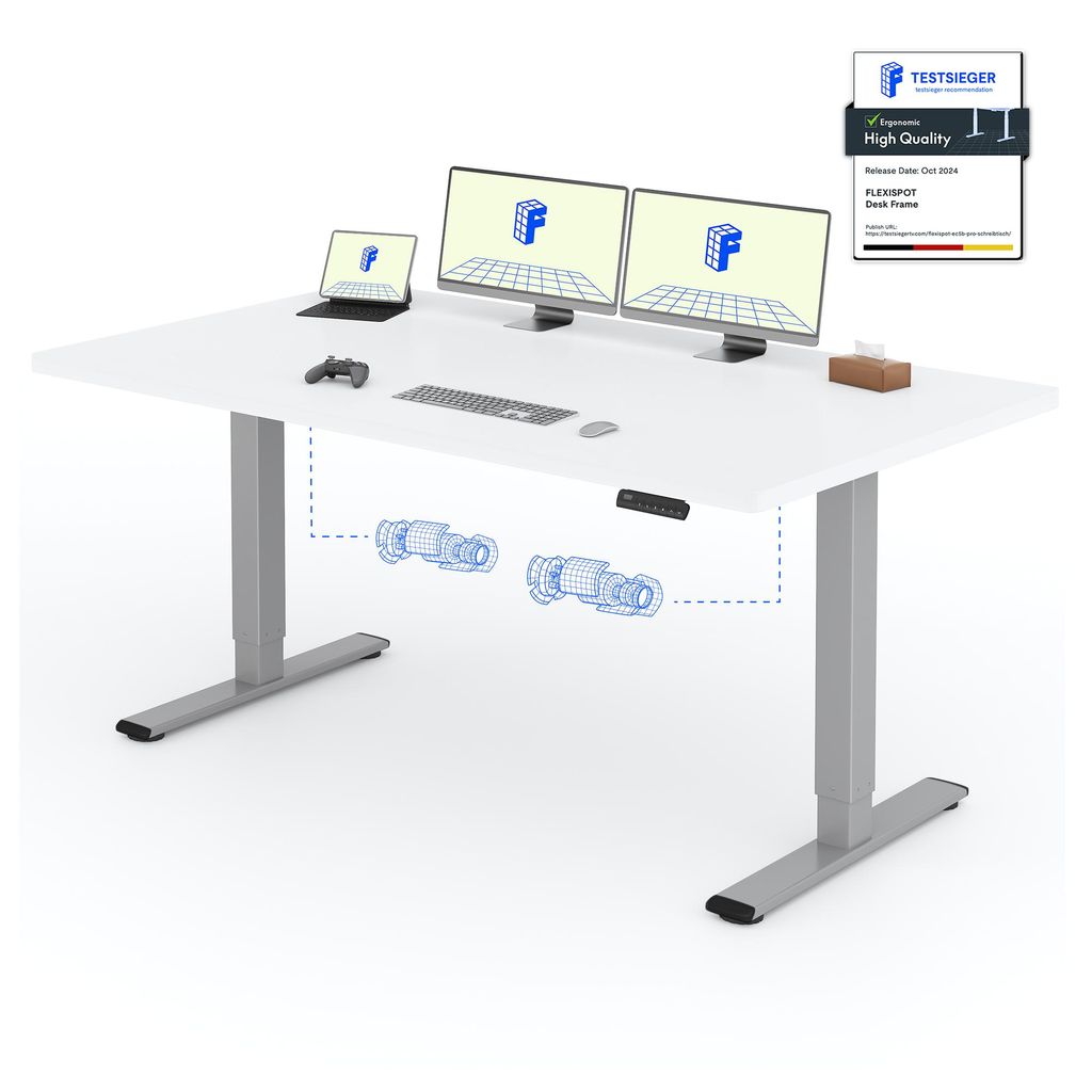 A white adjustable desk with dual monitors, a laptop, a keyboard, a mouse, and a controller, with diagrams of the desk's lifting mechanism.