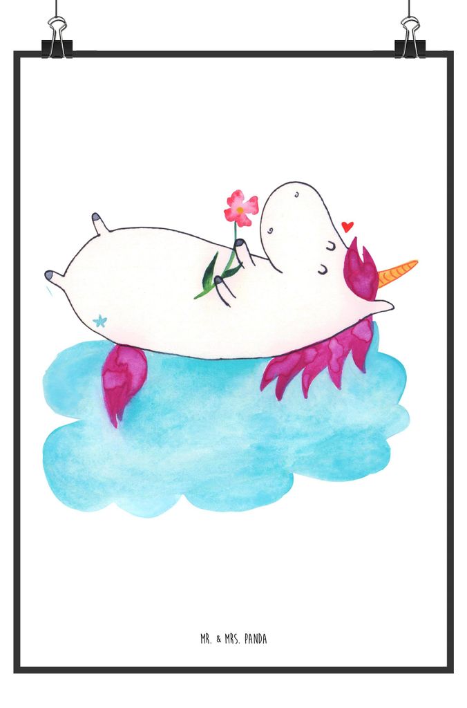 Mr. & Mrs. Panda Bild Einhorn Verliebt DIN A4 - Weiß - Geschenk, Einhörner, Wolke, Unicorn, drucke, Wandbild, Wandschmuck, Freundin, Liebe, Wandd...