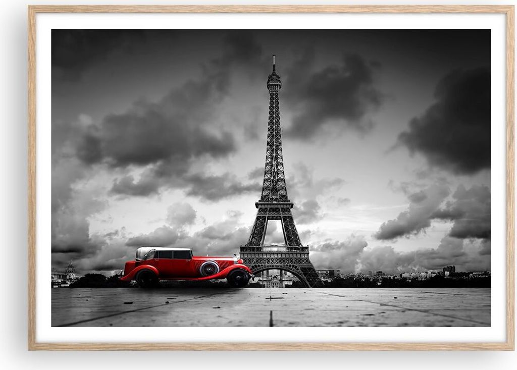 Gerahmtes Poster - Rahmen in heller Eiche - Auto Eiffle Paris Stadt - 100x70 cm - Wand Bild - Wanddeko - Wandbilder - Wandposter - Bilderrahmen - B...