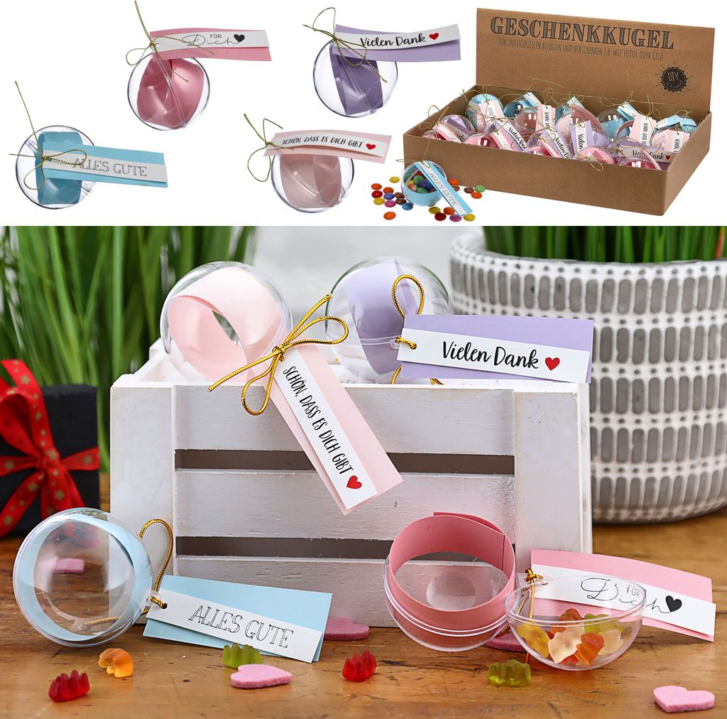 Geschenkkugel Banderole Aufdruck 24er Set Ø6cm/ 20x2,5cm Kunststoff transparent Kugel Weihnachtsgeschenk Gutscheinkugel