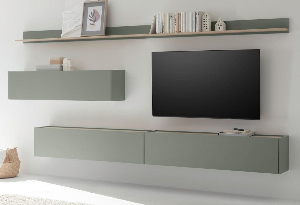 Wohnwand "Center" Salbei Grün mit Eiche, 5-teiliges Set mit XXL TV-Lowboard 340 cm