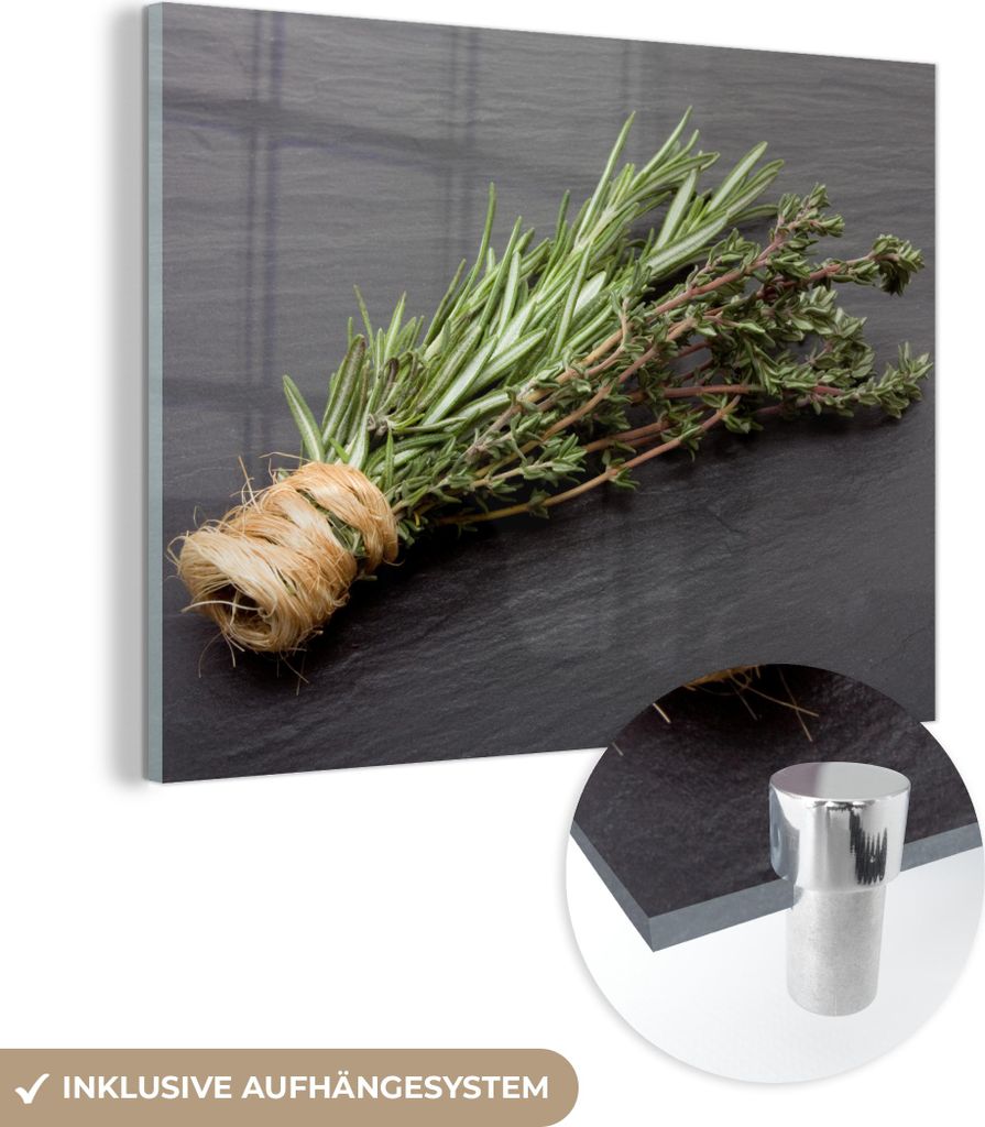MuchoWow Glasbilder - Bilder auf Wandbild - Foto auf Glas Thymian - Kräuter - Grün - Tisch - Küche - Stein 80x60 cm Wanddekoration aus Glas - Ac...