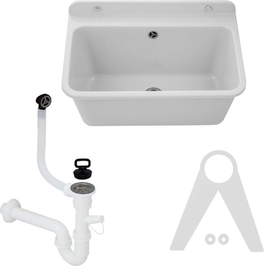 A white sink basin with plumbing parts and mounting brackets against a white background.