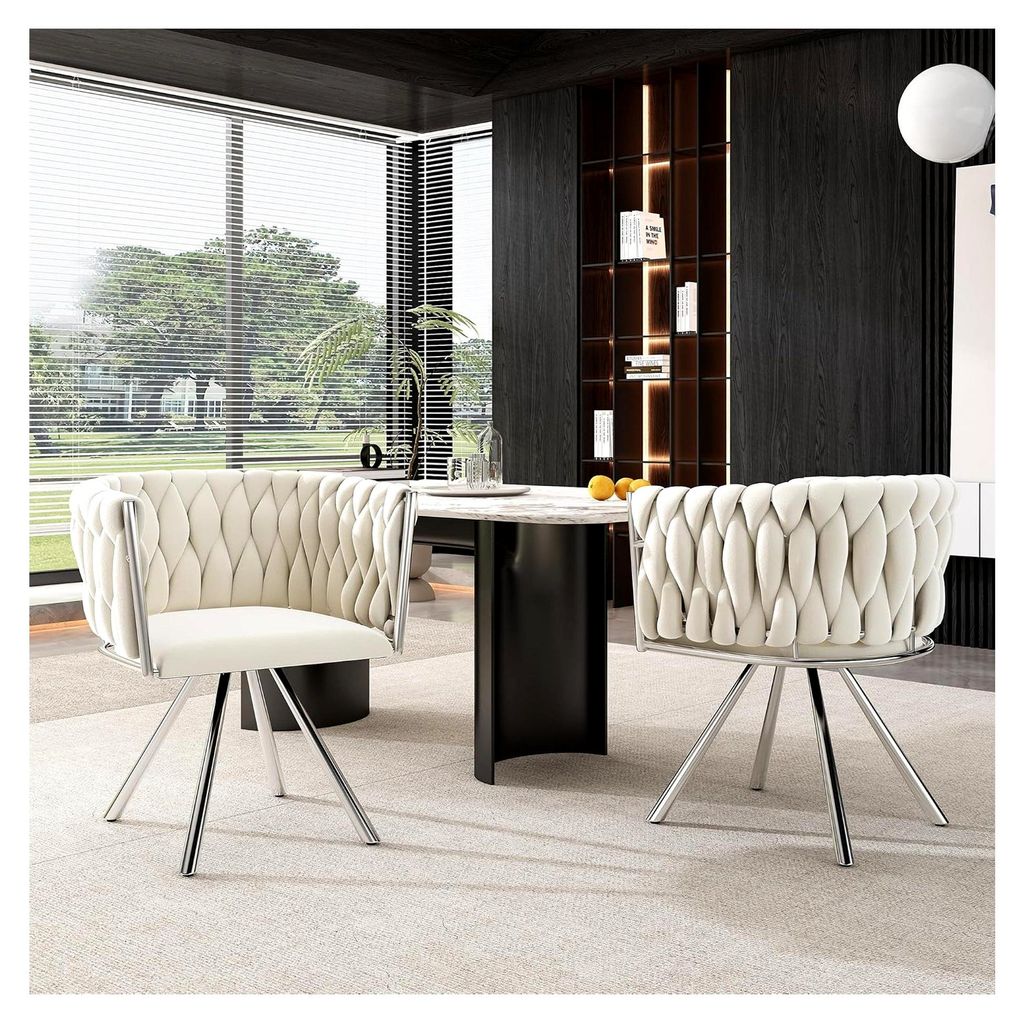 2er Set Drehbare Esszimmerstühle mit Armlehne, Küchenstühle, Luxus Drehstühle für Esszimmer, Lounge, Schlafzimmer, Samt, Beige+Silber