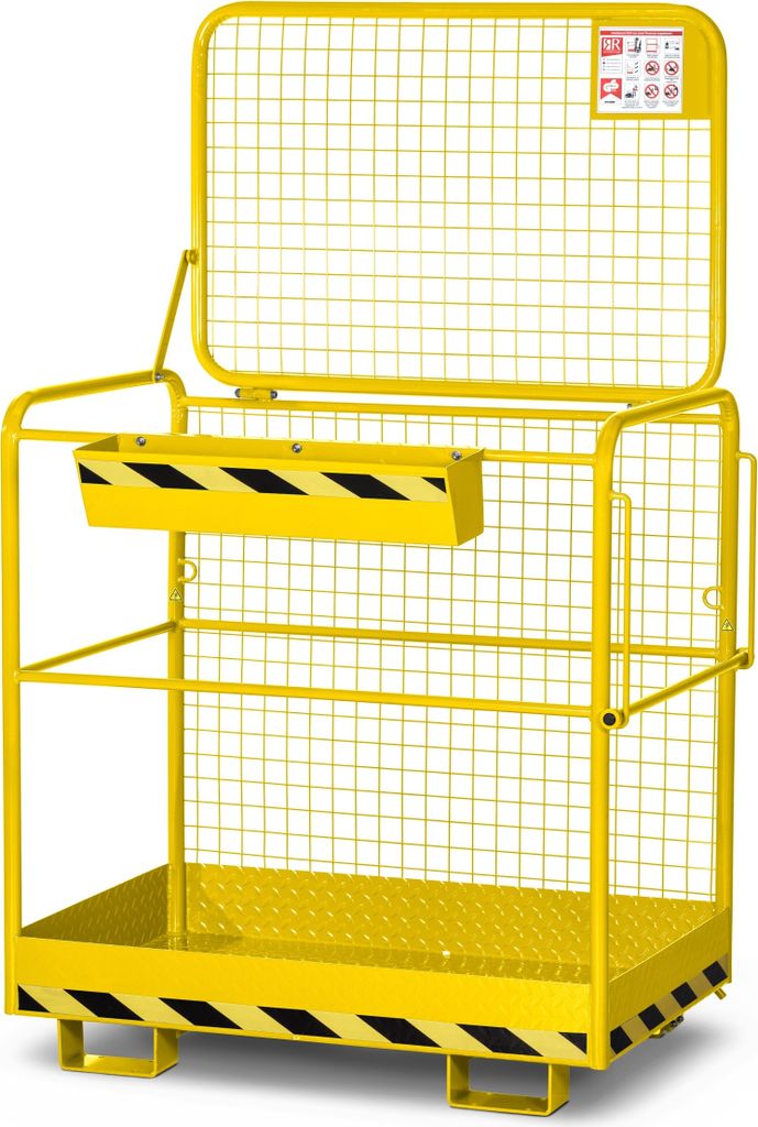 Arbeitskorb mit Aufnahme von der breiten Seite, Zulässig für 2 Personen, BxTxH 1200x800x1990 mm, Traglast 300 kg, RAL 1023 verkehrsgelb