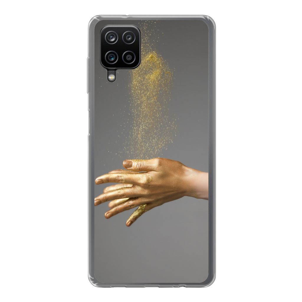 MuchoWow Handyhülle Schutzhülle Hülle für Samsung Galaxy A12 Frau mit goldgefärbten Händen und einer Glitzerwolke Silikon Softcase Handy H...