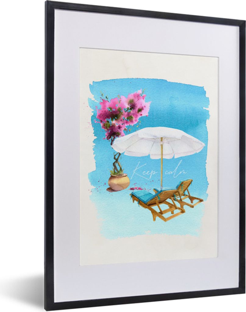 MuchoWow MuchoWow Gerahmtes Poster Strandkorb - Blumen - Sonnenschirm - Zeichnung 30x40 cm - Poster mit zchwarzem Bilderrahmen - Wandposter Sch...