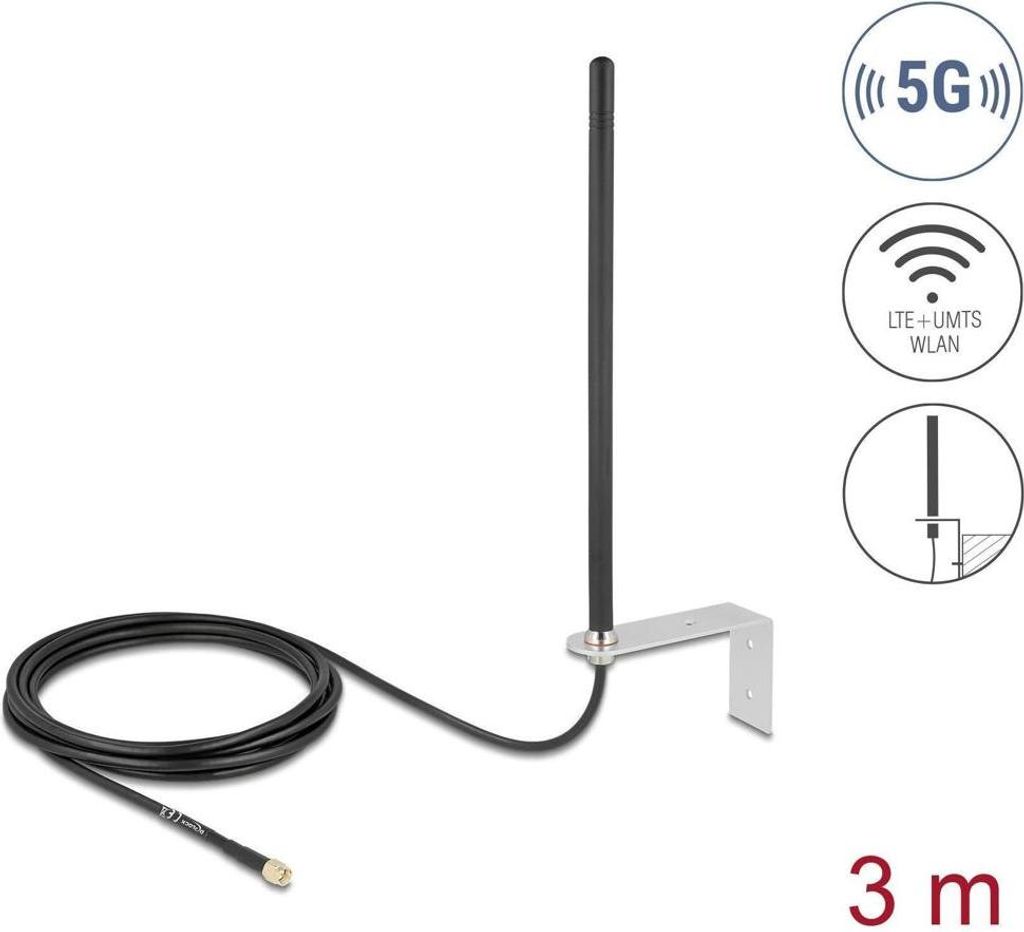 Delock 5G LTE Antenne SMA Stecker 3 - 5 dBi omnidirektional starr mit Anschlusskabel RG-174, 3 m Wandmontage outdoor schwarz