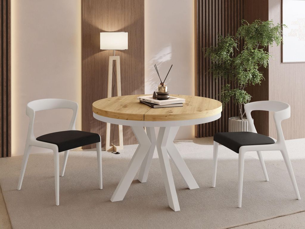 Runder Esstisch Ausziehbar 100-300 cm XXL Groß – Verlängerbar, für 5-14 Personen mit Weißen Holzbeinen & Metallring – Tisch für Wohnzimmer...