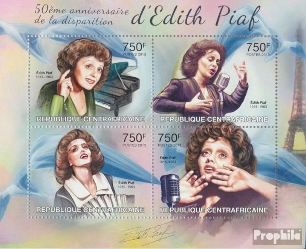 Briefmarken Zentralafrikanische Republik 2013 Mi 4017-4020 Kleinbogen (kompl. Ausgabe) postfrisch Edith Piaf
