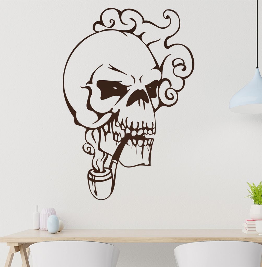 Schädel Pfeife Wandtattoo in 6 Größen - Wandaufkleber Wall Sticker - Dekoration, Küche, Wohnzimmer, Schlafzimmer, Badezimmer