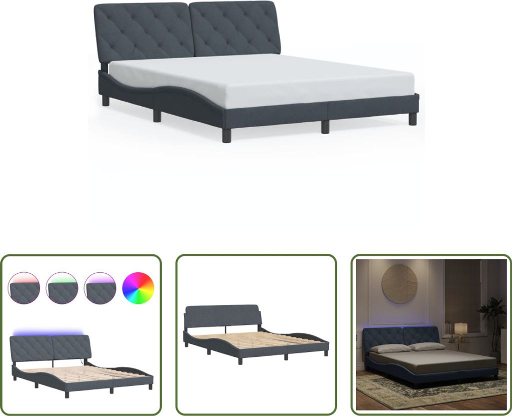 The Living Store Bettgestell mit LED-Leuchten Dunkelgrau 160x200 cm Samt