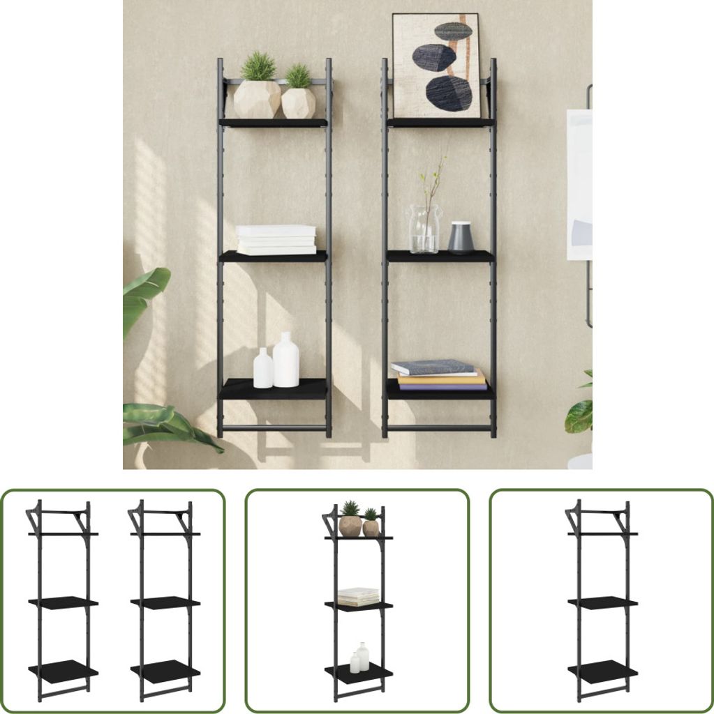 The Living Store Wandregale mit 3 Ablagen & Stangen 2 Stk. Schwarz 30x25x100 cm